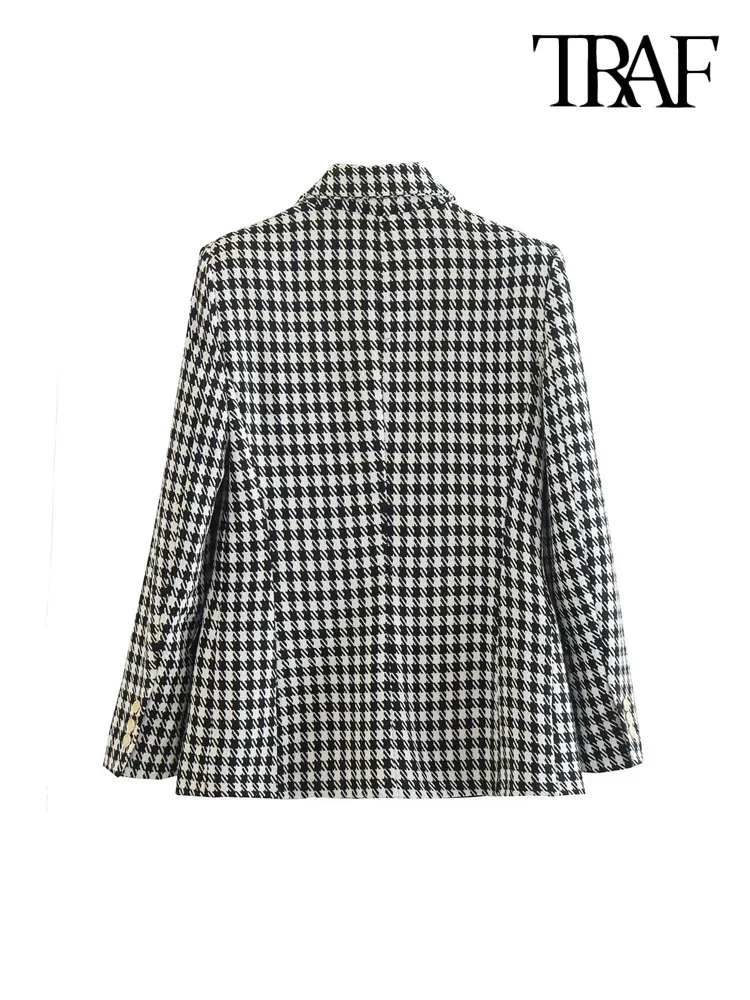 Women's Suits Blazers TRAF Women Fashion Double Breasted Houndstooth Blazer Coat Vintage Long Sleeve Flap Pockets Female Outerwear Chic Vestes 23