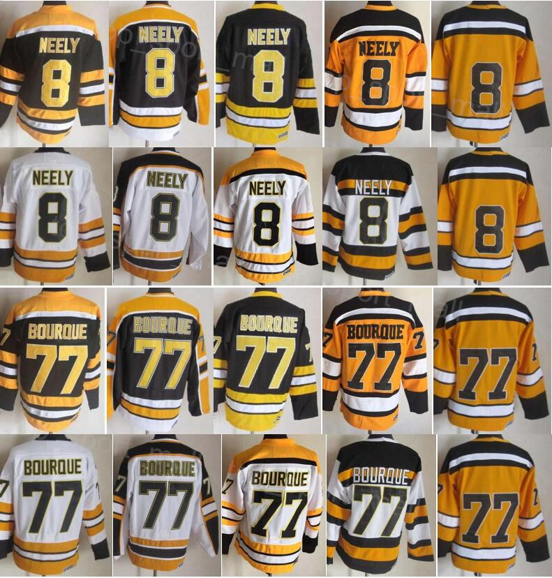 Men Retro Hockey 77 Ray Bourque Jersey 8 Cam Neely Vintage Classic Team Color Black White Yellow Embroidery For Sport Fans Retire CCM Breathable 75 Anniversary