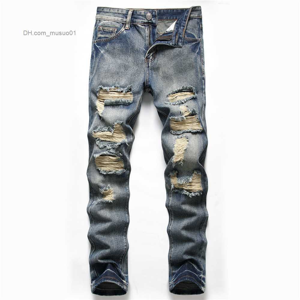 Men's Jeans New denim men's pants hole trend Black Slim Fit denim straight pants men's trendL23105