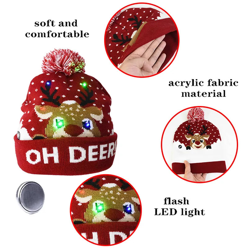 Beanie Skull Caps LED Knitted Christmas Beanies Hat with A Flash Light Up Sweater Santa Elk Patteren Cap Gift for Adult Kids Year Holiday Xmas 231005