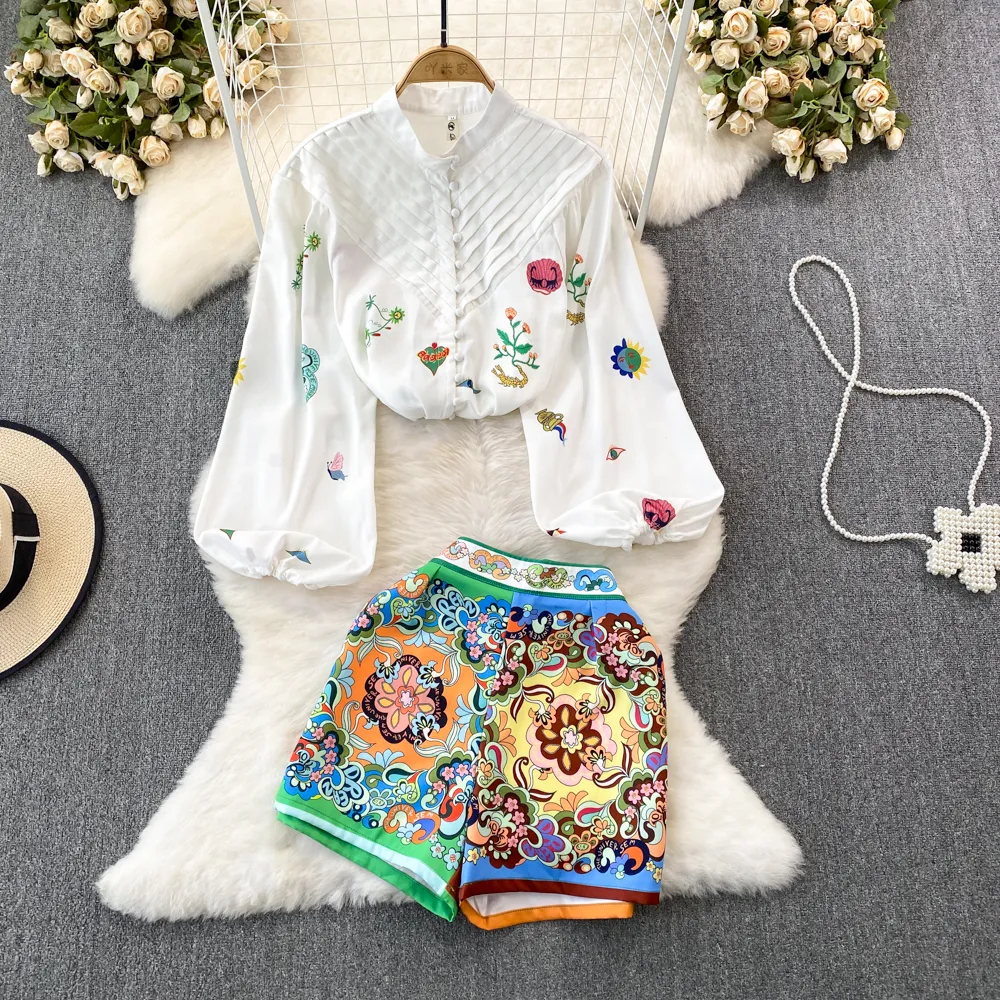 Two Piece Dress Autumn Runway Fashion Shorts Suit Women Stand Collar Puff Sleeve Floral Print Blouse Shirts Vintage Shorts 2 Pieces Set 2024
