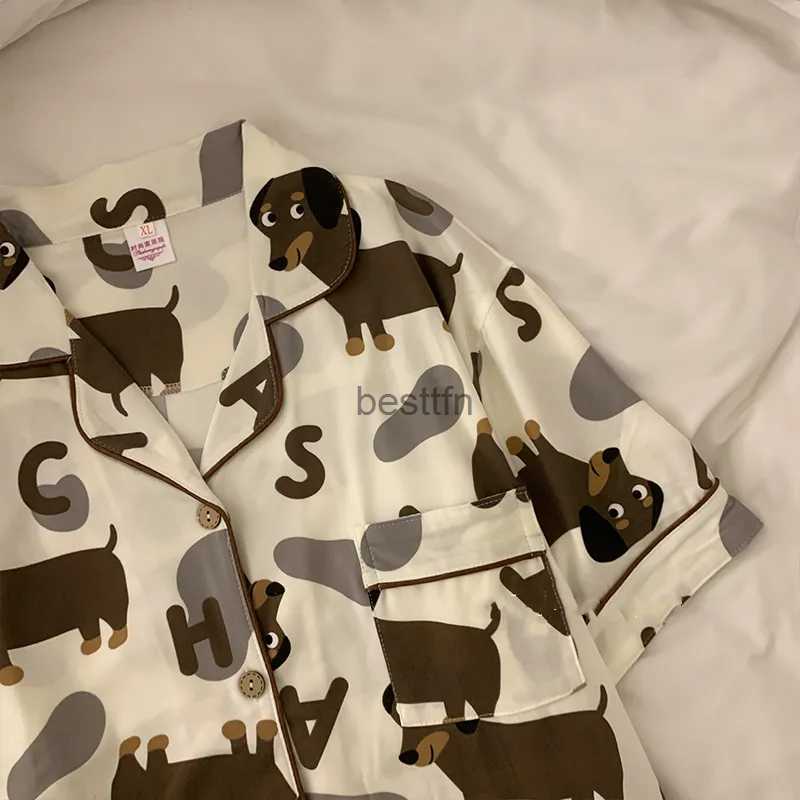 Women's Sleep Lounge Spring Summer 2024 Cute Women's Pajamas Set Dachshund Print Cotton Two Pieces Short Sleeve Tops Full Length Pants Sleep