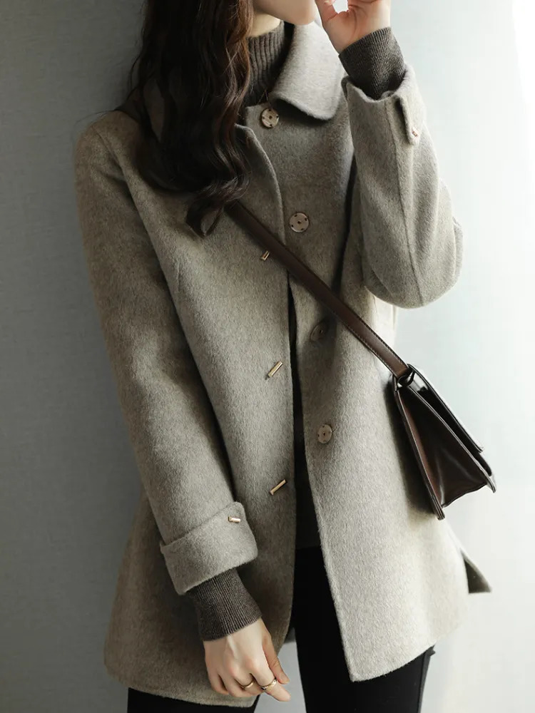 Womens Wool Blends Autumn Winter Woolen Coat Slim Fashion Office Lady Square Collar Single Breasted Coats Widewaisted Pocket 230928
