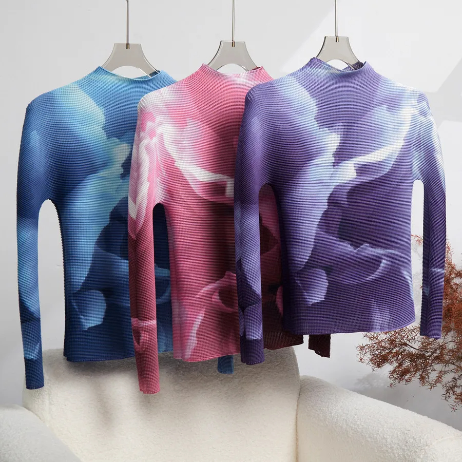 Two Piece Dress Pleated Suit for Women Autumn Gradient Printing Long Sleeve High Neck Top + High Waist Midi Skirt Two Pieces Set 2024