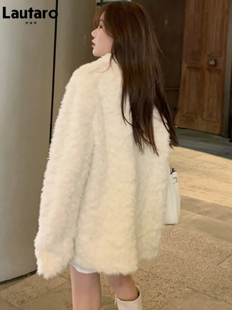 Women's Fur Faux Fur Lautaro Winter Mid Length Warm Thick Soft Fluffy Faux Fur Coat Women Lapel Long Sleeve Loose Casual Korean Style Fashion 231
