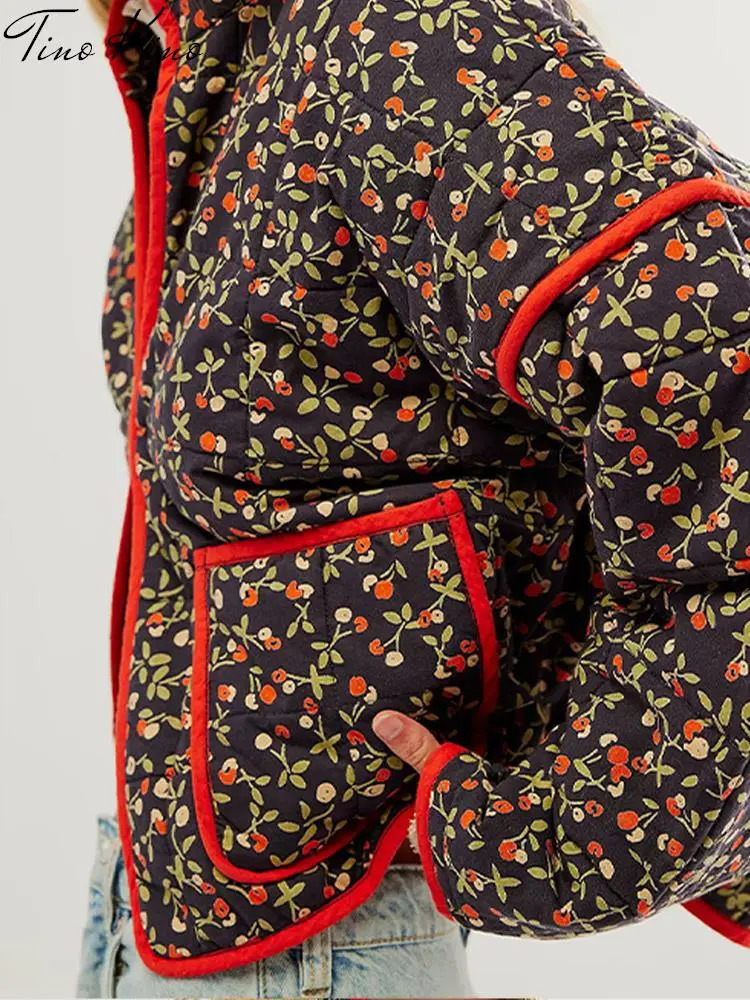 Women s Down Parkas Floral Thick Jacket Women Print Patchwork Warm Pocket Female Cotton Coat 2023 Autumn Winter Fashion Loose Casual Lady Overcoat 231