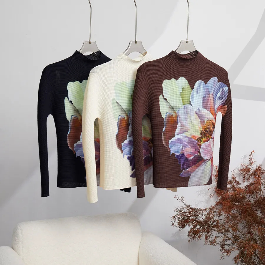 Two Piece Pleated 2 Pieces Fashion Printing Slim Fit Long Sleeve Tops High Elastic Waist A-E Midi Dress Autumn 2025