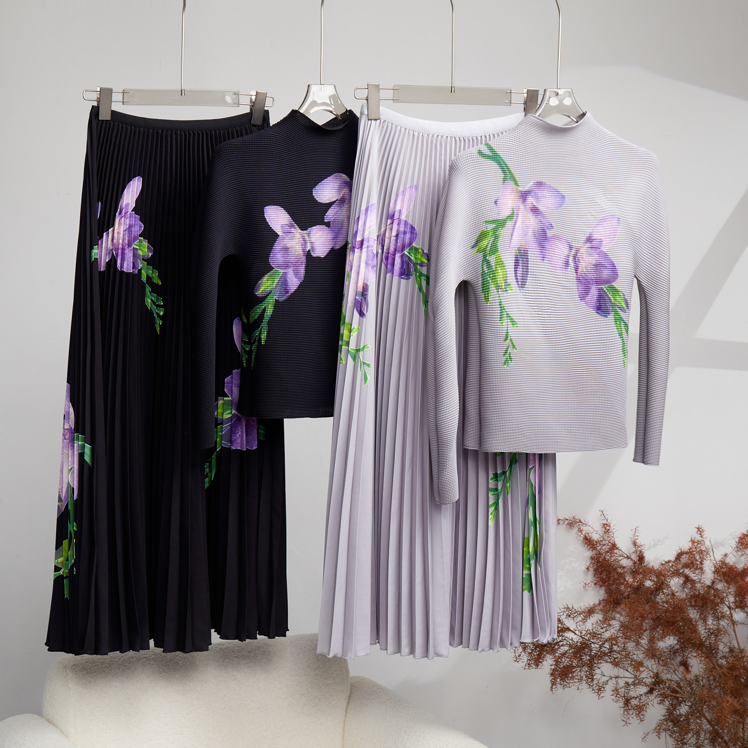 Two Piece Dress Runway 2 Pieces Miyake Pleated Suit Summer Women's Turtleneck Long Sleeve Wer Print All Match Slim Tops Skirt Set