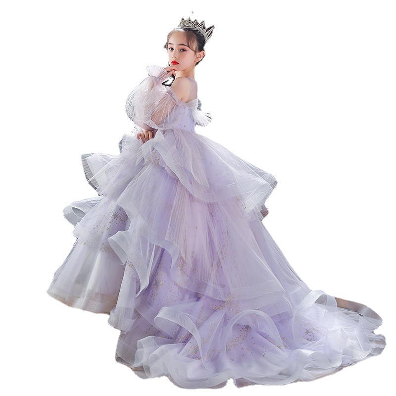 Shiny Bling Flower Girl Dresses For Wedding Lace Applique Baby Birthday Party Dress Girls Ball Kid Clothes Sweep Train Pageant Weddding Gowns 403