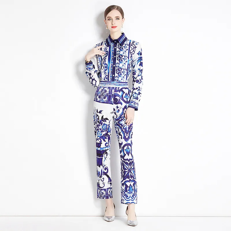 Two Piece Dress Runway Blue White Porcelain Set Women's Lapel Long Sleeve Print Blouse Shirts And High Waist Cropped Pants Trousers Suit