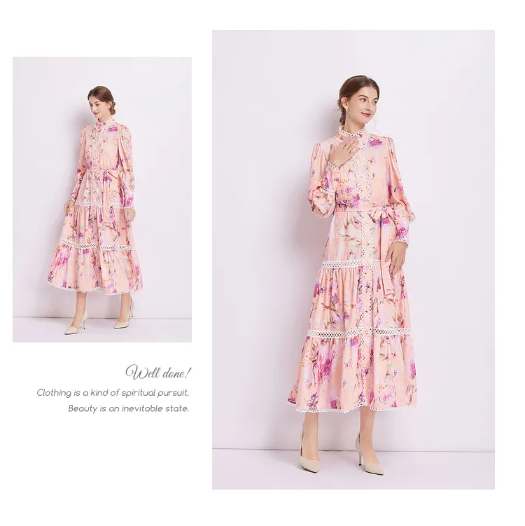 Basic Casual Dresses Fashion Runway Flower Print Shirt Dress Women Autumn Winter Lace Embroidery Hollow Out Lantern Sleeve Sashes Long