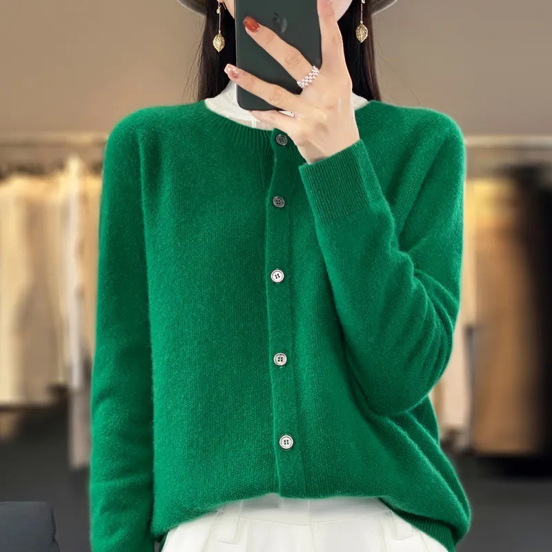 Womens Knits Tees 100% wool knit cardigan jacket womens Gui Huazhen round neck top 231005