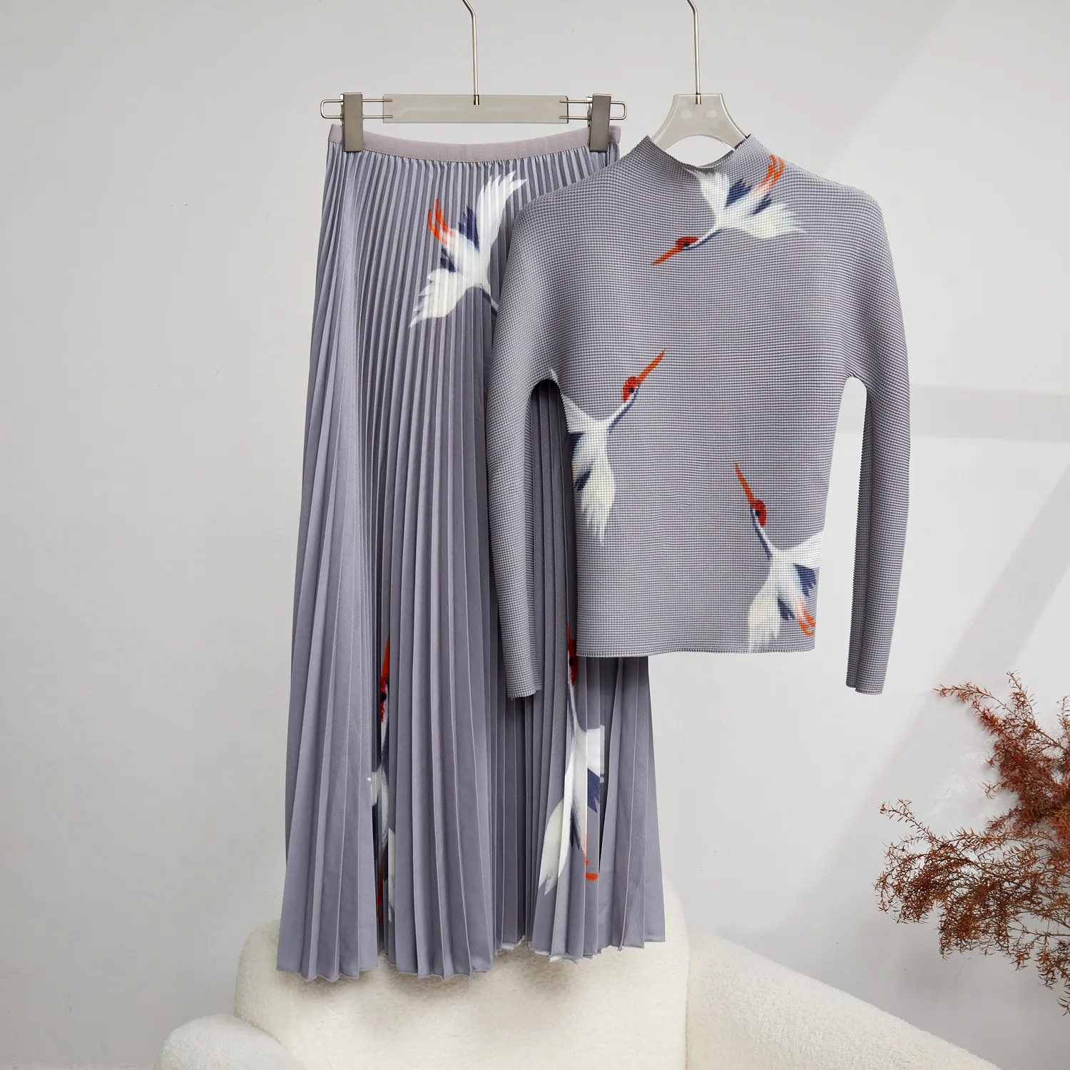 Two Piece Dress Runway Print Pleated Two Pieces Set Women Turtleneck Long Sleeves Slim Tops High Waist Elegant Skirts Female Clothes Summer 2024