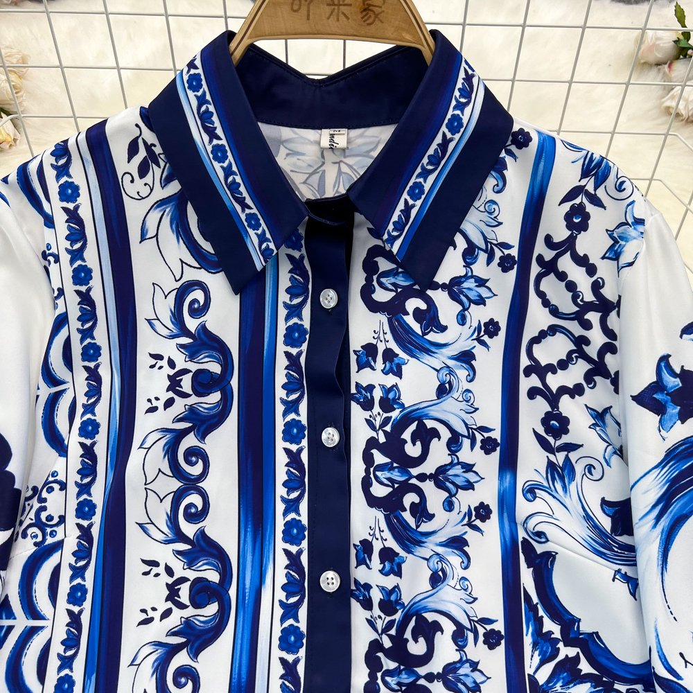 Two Piece Dress Runway Blue White Porcelain Set Women's Lapel Long Sleeve Print Blouse Shirts And High Waist Cropped Pants Trousers Suit