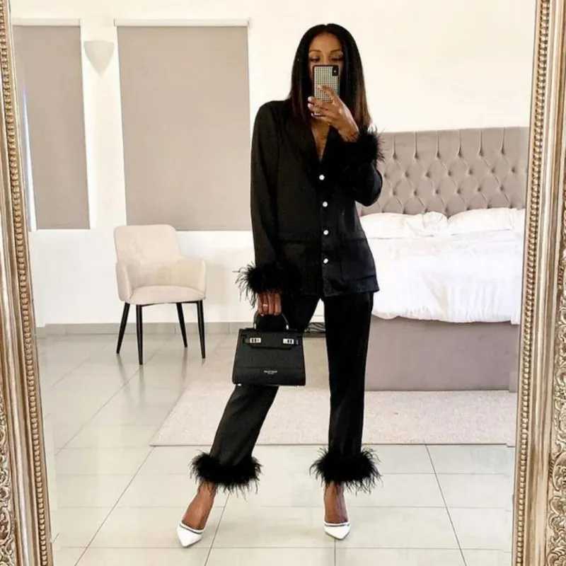 Women's Sleep Lounge Women's Pajama Suit Solid Color Lapel Top Feather Trousers Two Piece Set Female Fashion Sleepwear Casual Home ClothingL