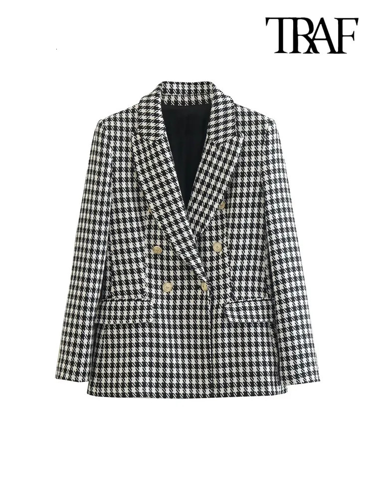 Women's Suits Blazers TRAF Women Fashion Double Breasted Houndstooth Blazer Coat Vintage Long Sleeve Flap Pockets Female Outerwear Chic Vestes 23