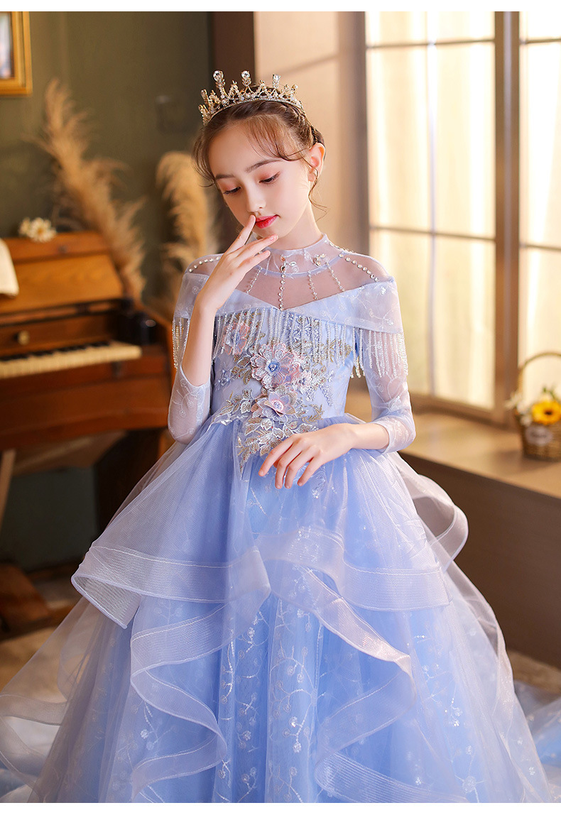 Adorable Blue Ball Gown Flower Girl Princess Lace Appliques High Neck Party Toddler Childrens Pageant Dresses Little Kids Birthday Dress 403