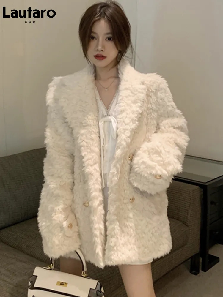 Women's Fur Faux Fur Lautaro Winter Mid Length Warm Thick Soft Fluffy Faux Fur Coat Women Lapel Long Sleeve Loose Casual Korean Style Fashion 231