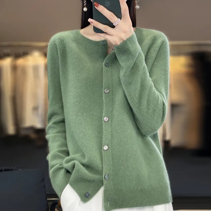 Womens Knits Tees 100% wool knit cardigan jacket womens Gui Huazhen round neck top 231005