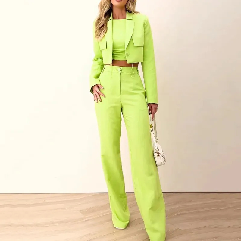 Women's Two Piece Pants BEACHBELE Women Two Piece Sets Autumn Solid Lapel Long Sleeve Bare Waist Short Coat Top Pants Sets Elegant Office Ladies 