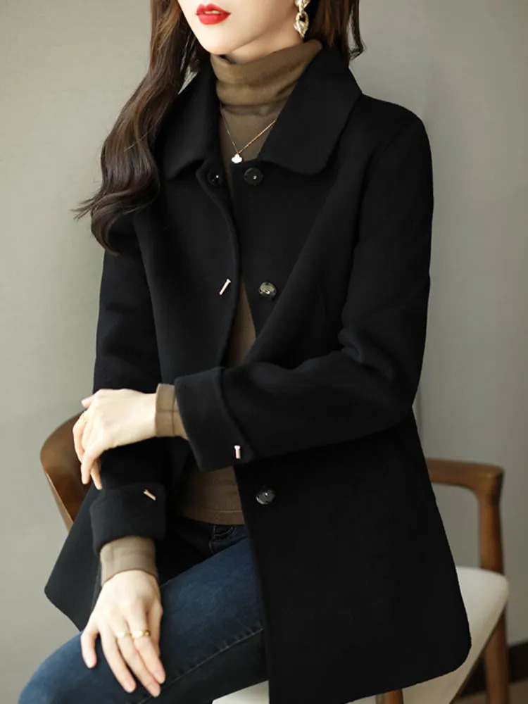 Womens Wool Blends Autumn Winter Woolen Coat Slim Fashion Office Lady Square Collar Single Breasted Coats Widewaisted Pocket 230928