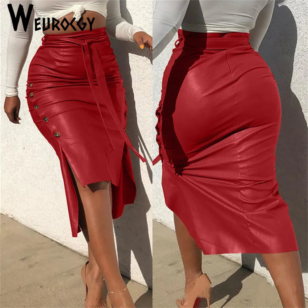 Fashion Women Solid Color High Waist PU Leather Midi Skirt Lace up Side Button Slim Skinny Pencil for Ladies Streetwear 231005