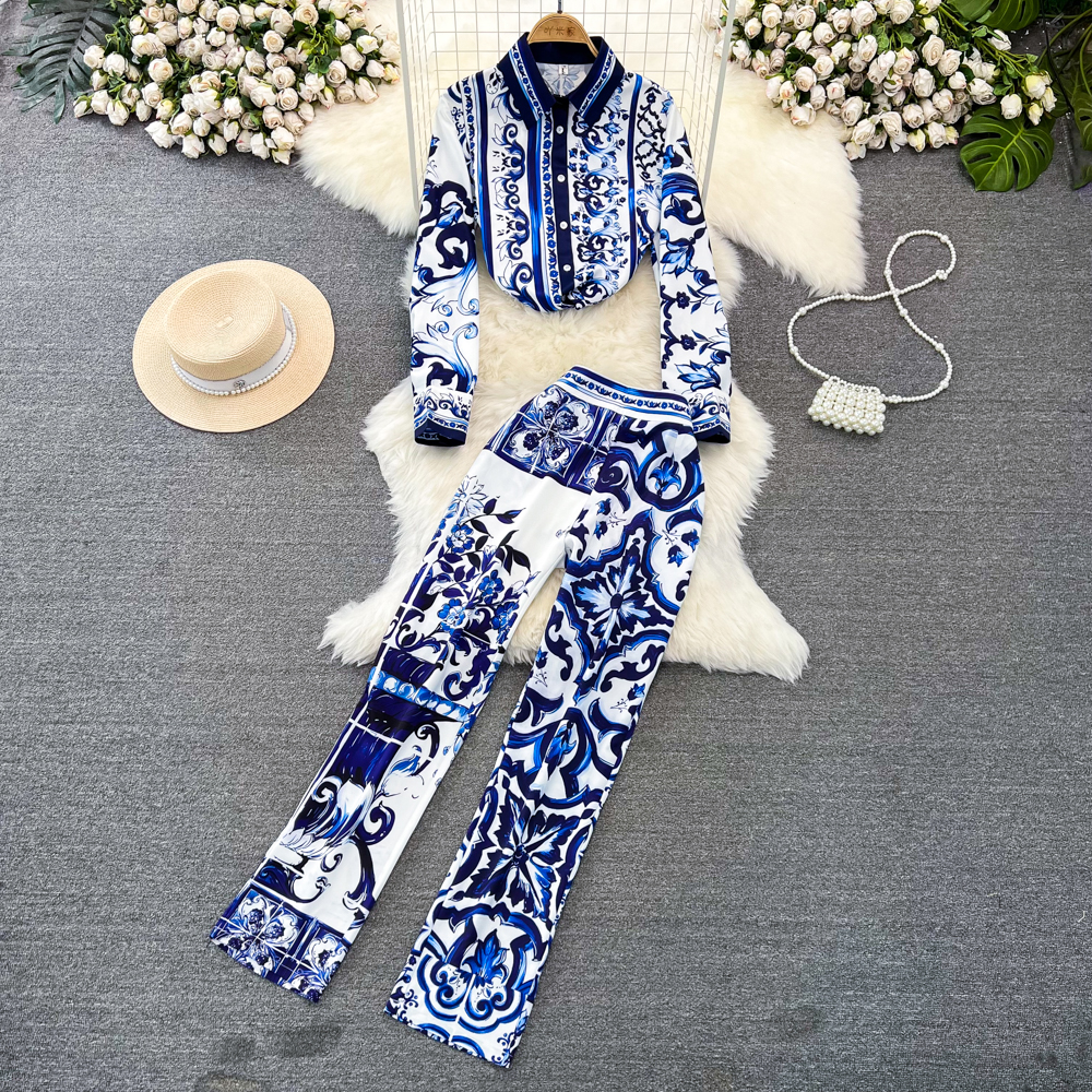 Two Piece Dress Runway Blue White Porcelain Set Women's Lapel Long Sleeve Print Blouse Shirts And High Waist Cropped Pants Trousers Suit