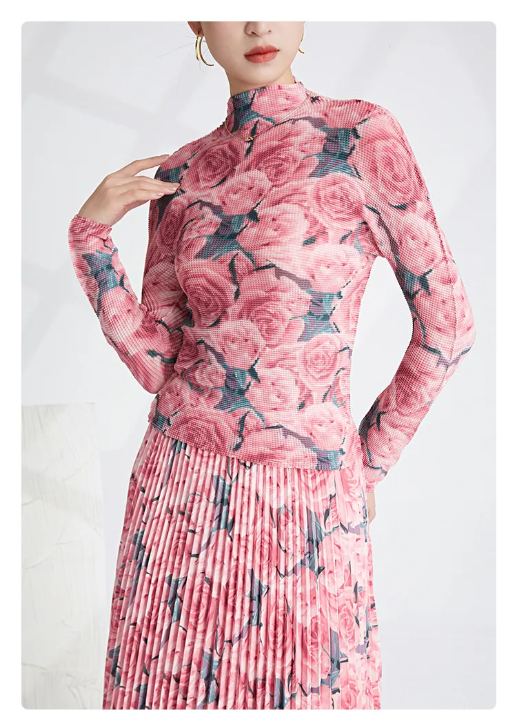 Two Piece Dress Autumn Pleated New Corn Fold Pink Flower Print Long Sleeve T-Shirt Fashion A-Line Pleated Skirt Set Two Pieces Suit 2024