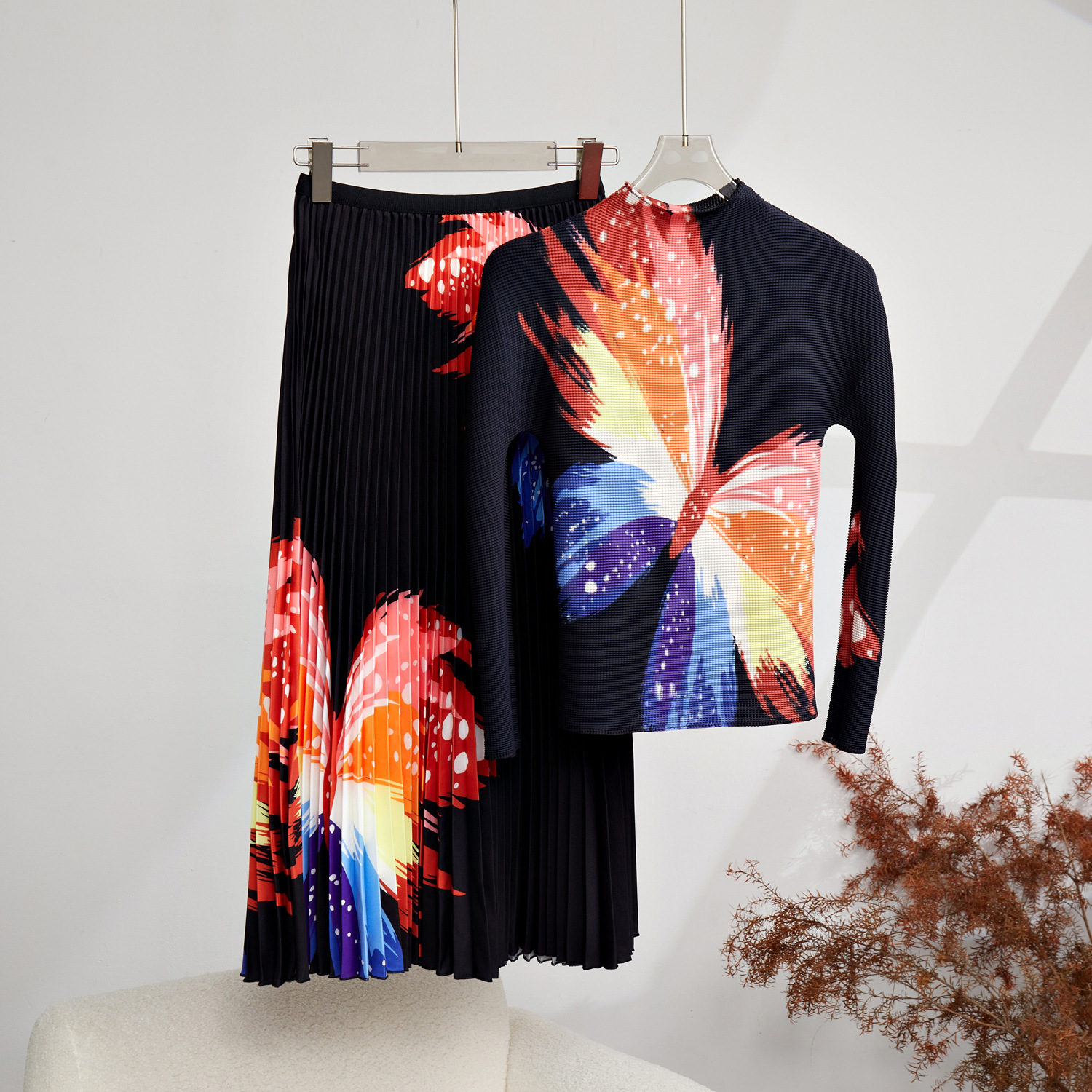 Two Piece Dress Runway Designer Printed 2 Pieces Skirt Set Women's Turtleneck Long Sleeves Slim Tops High Waist Skirts Suit Female Clothes 2024