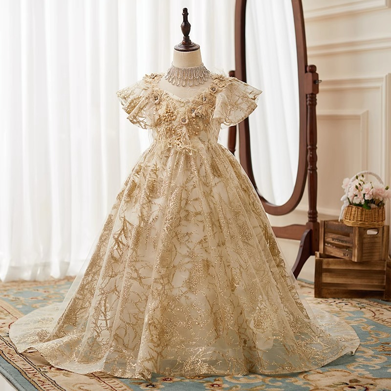 Gold Wer Girls Dress Appliques Crystals Feather Toddler Children Pageant Dresses Ball Gown Little Long Formal Kids Birthday Party Gowns 403 6660311