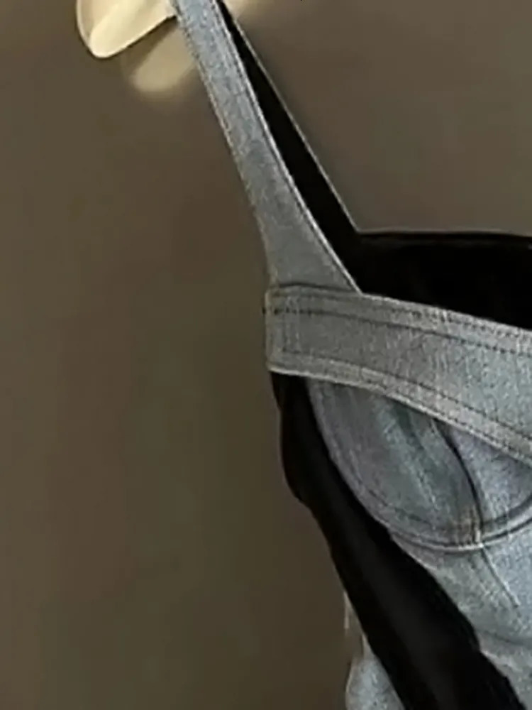 Basic Casual Dresses DEAT Women Denim Dress Sleeveless High Waist Patchwork Zipper Contrast Color Slim Strap 2023 Autumn Fashion 29L2908 231005