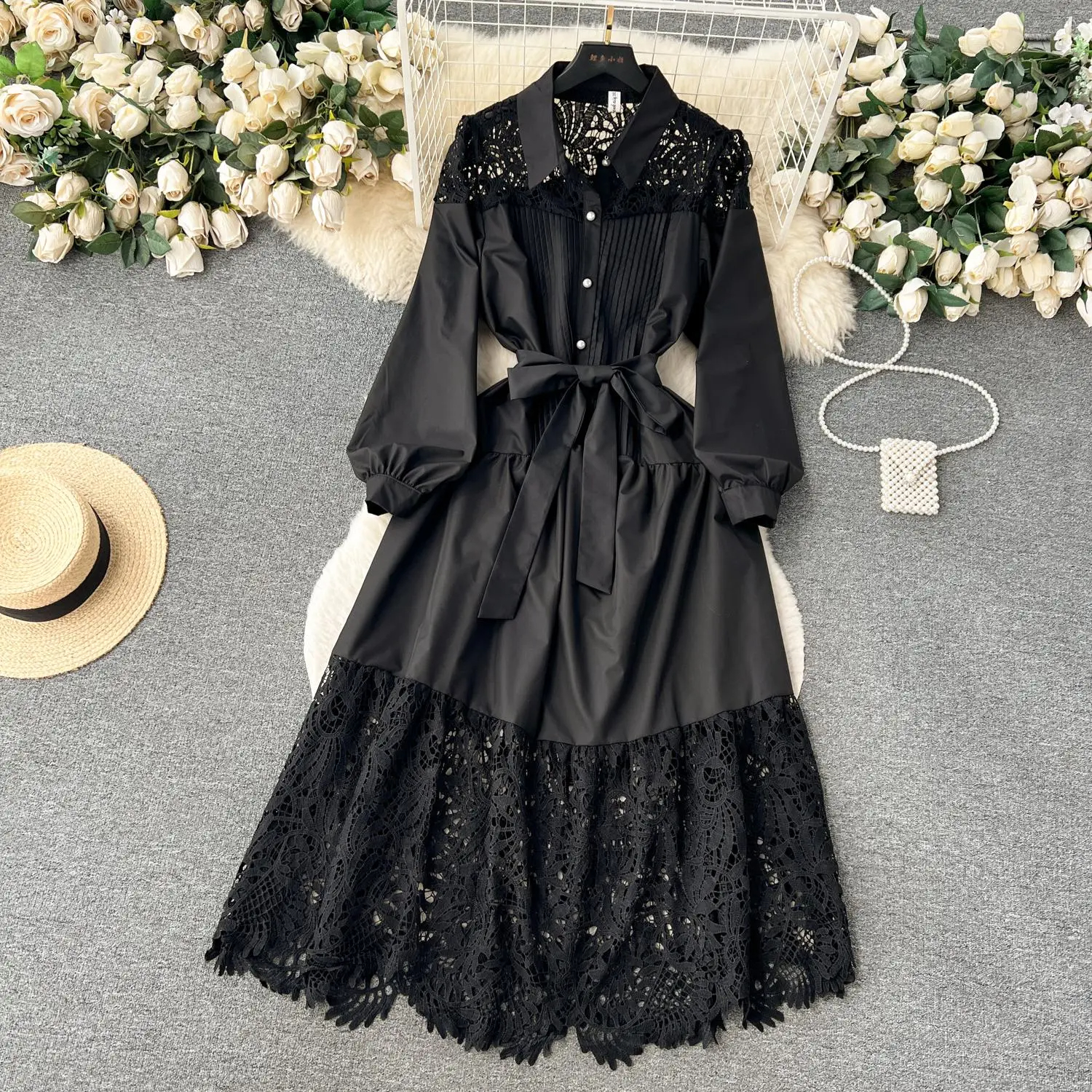 Basic Casual Dresses Runway Fashion Long Lace Dress Women Lapel Long Sleeve Embroidery Hollow Out Loose Belt Party Evening Dress Ladies Quality