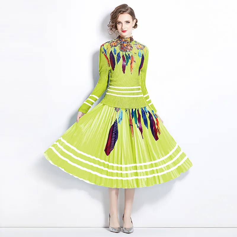 Two Piece Dress Pleated Floral Printed Office Lady Two Piece Set Women Turtleneck T-Shirt High Waist Skirt Suit Runway Autumn Outfits 2024