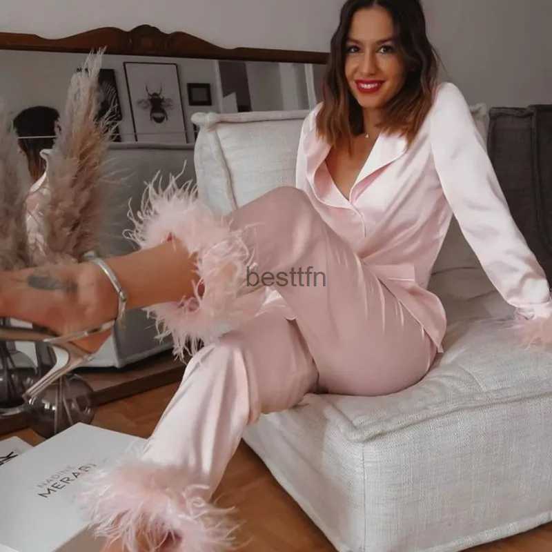 Women's Sleep Lounge Women's Pajama Suit Solid Color Lapel Top Feather Trousers Two Piece Set Female Fashion Sleepwear Casual Home ClothingL