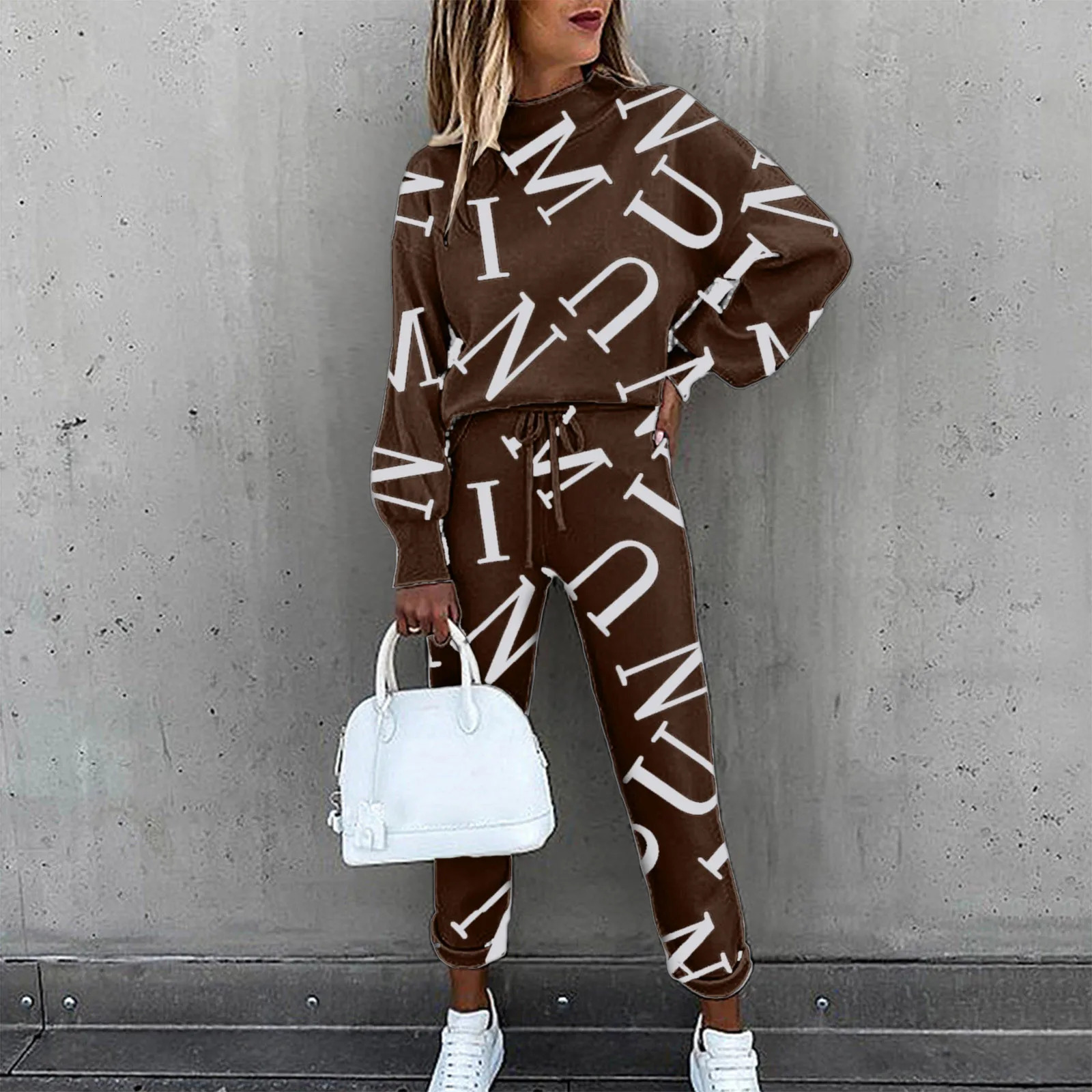 Womens Two Piece Pants Casual Letters Printed 2 Pieces Sets Joggers Drawstring Long Sleeve Tops Tracksuit For Sports Suit Ladies Suits Outfits 231005