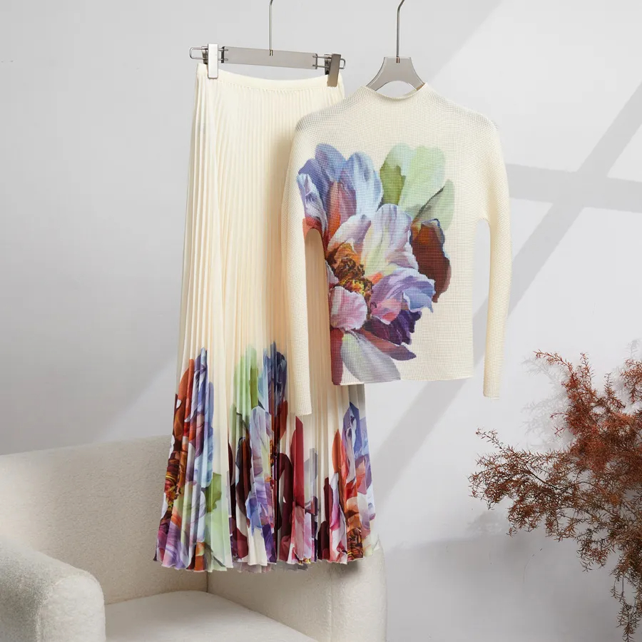 Two Piece Pleated 2 Pieces Fashion Printing Slim Fit Long Sleeve Tops High Elastic Waist A-E Midi Dress Autumn 2025