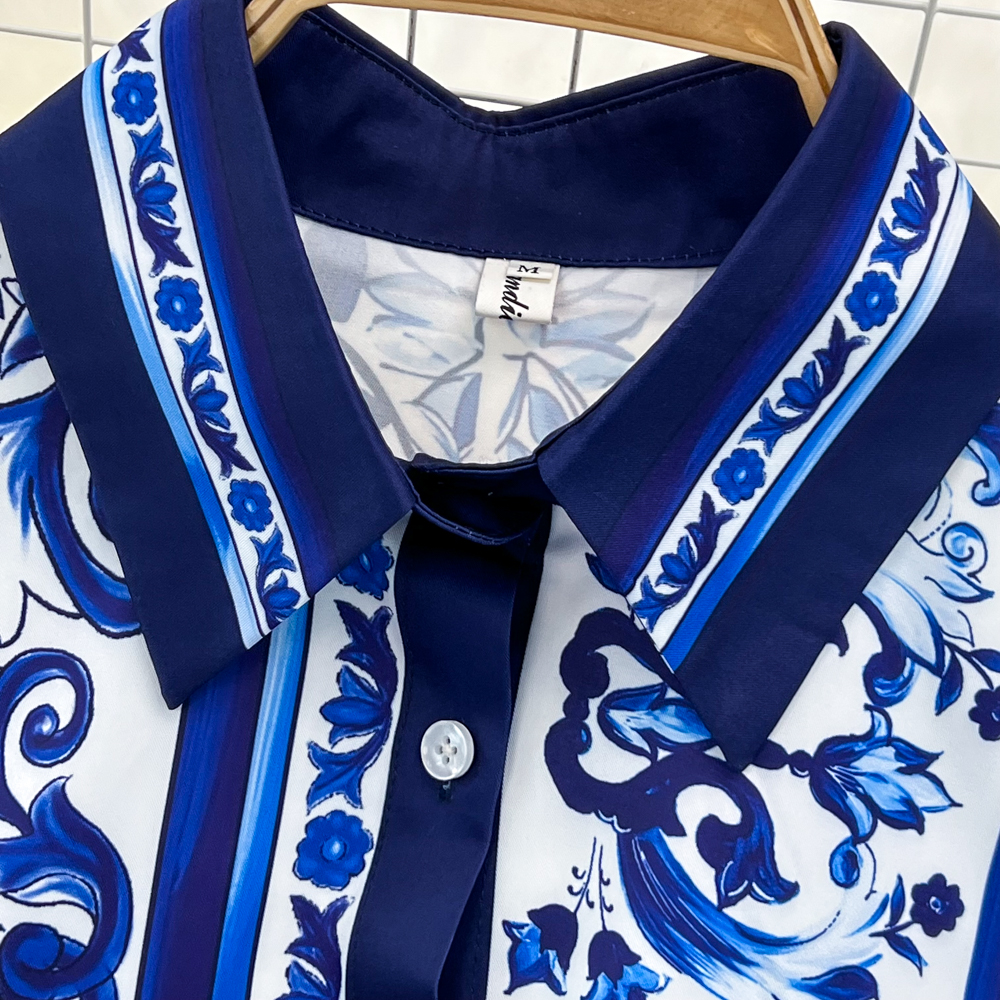Two Piece Dress Runway Blue White Porcelain Set Women's Lapel Long Sleeve Print Blouse Shirts And High Waist Cropped Pants Trousers Suit