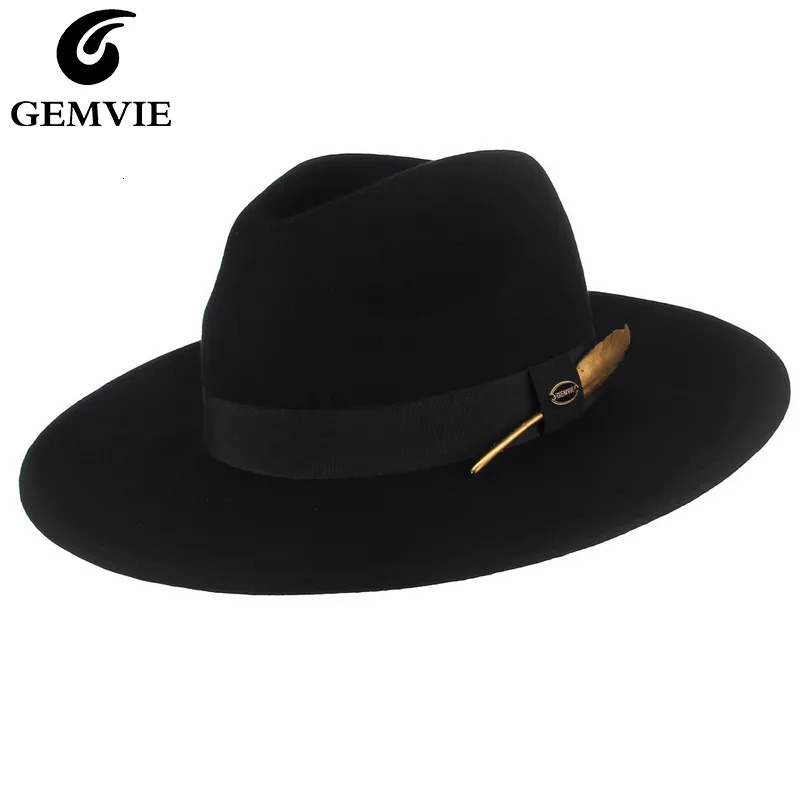 Wide Brim Hats Bucket GEMVIE 100 Wool Felt Hat Cowgirl Fedora For Man Women Striped Feather Band Autumn Winter Panama Jazz Cap 231005
