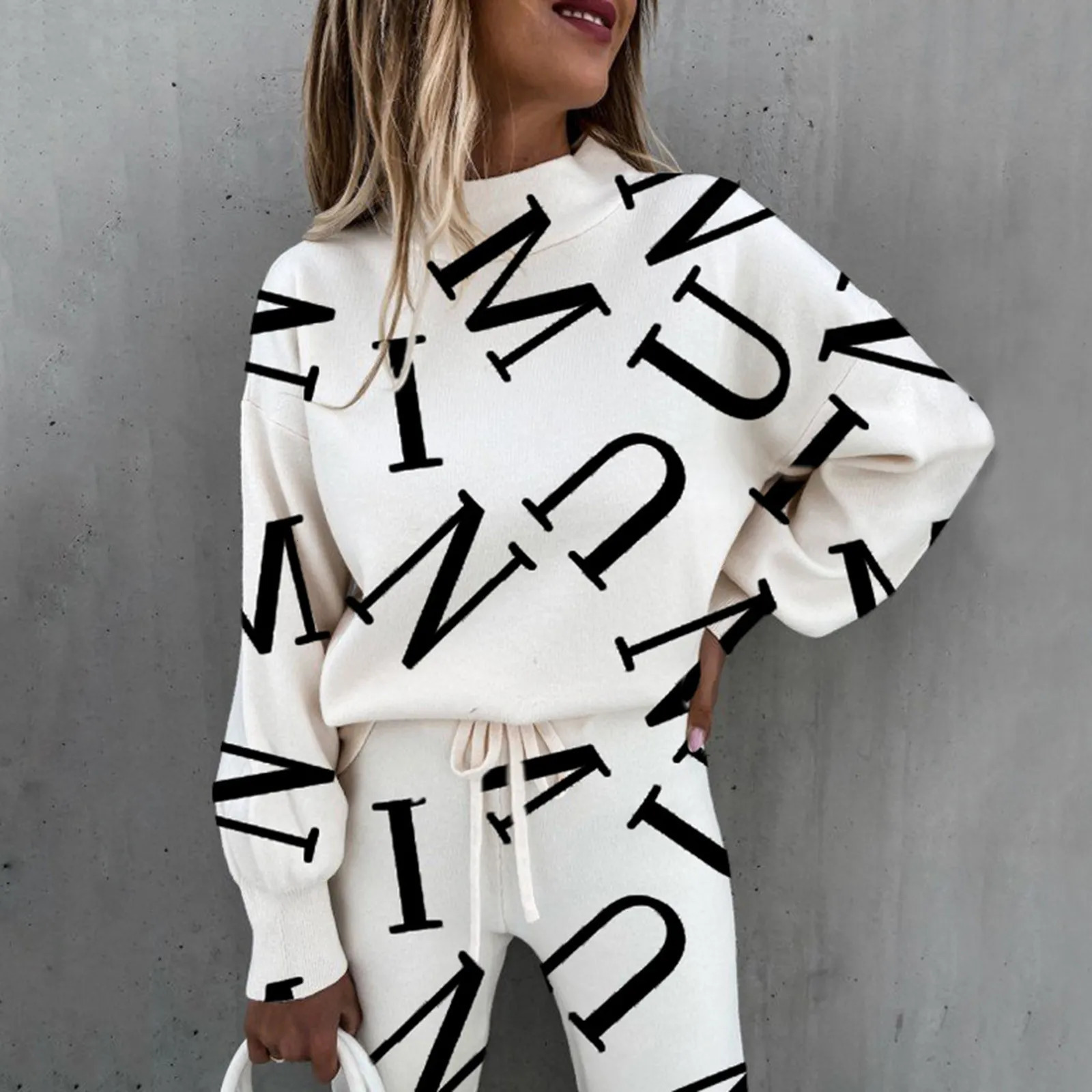 Womens Two Piece Pants Casual Letters Printed 2 Pieces Sets Joggers Drawstring Long Sleeve Tops Tracksuit For Sports Suit Ladies Suits Outfits 231005