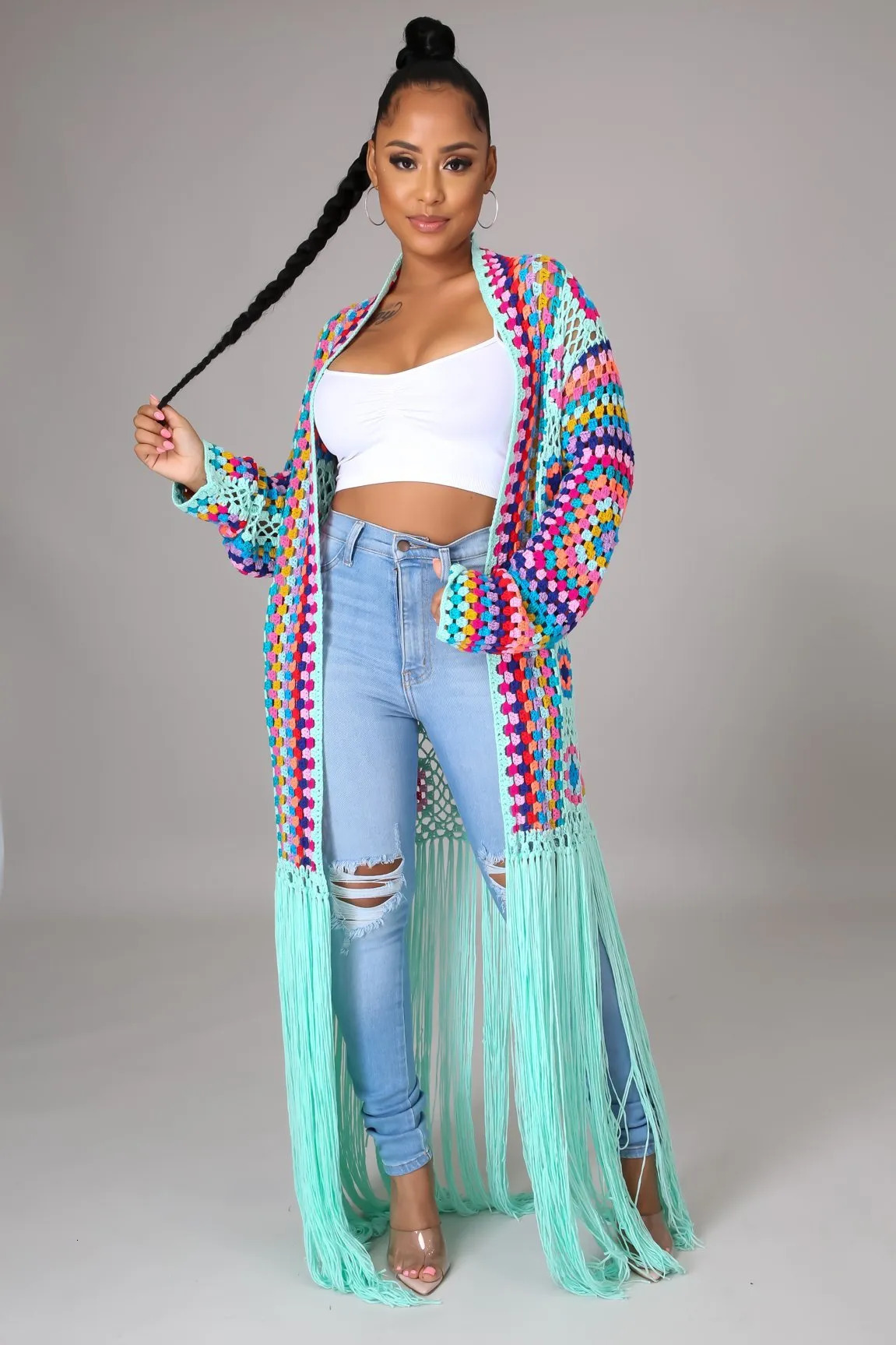 Womens Knits Tees Cardigans Crochet Knitted Maxi Fringe Coats Jacket Casual Sweater Ladies Tassel Open Stitch Hollow Out Long Cardigan 231005