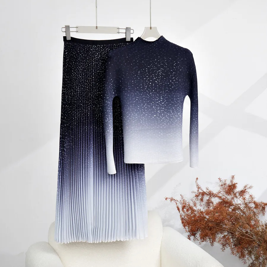 Two Piece Dress Autumn Runway Two Piece Skirt Suit Women Flower Print High Stretchy Pullovers Top Pleated Midi Skirts Casual Street Set Outfit 2024