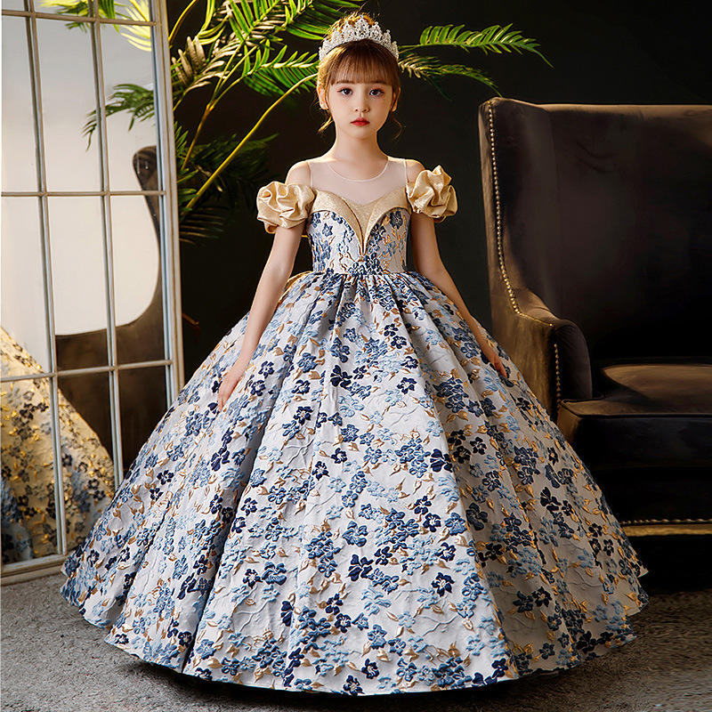 Gold Blue Wer Girl Dresses Off Shoulder Ball Gown Lace Appliques Beads Kids Girls Pageant Party Dress Shiny Bg 2-12 Years Birthday Gowns 403 6660311