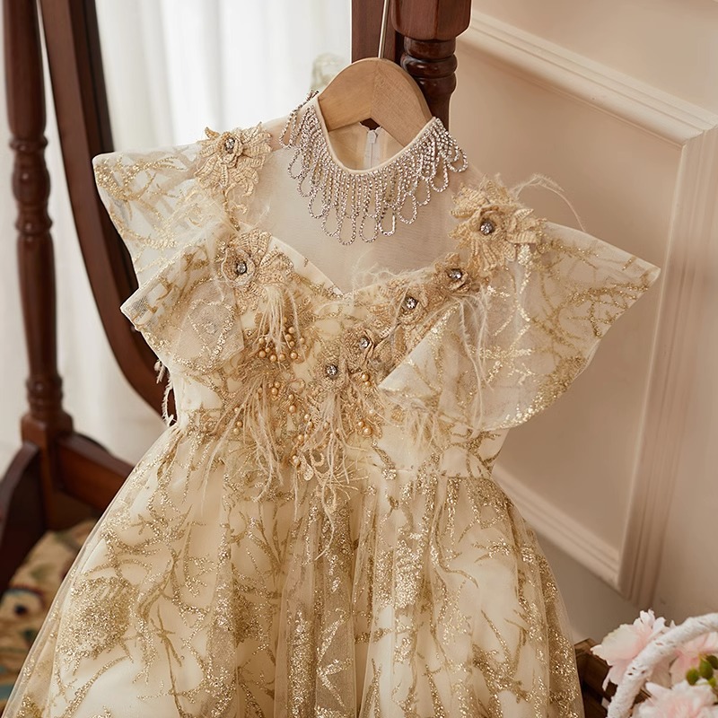 Gold Wer Girls Dress Appliques Crystals Feather Toddler Children Pageant Dresses Ball Gown Little Long Formal Kids Birthday Party Gowns 403 6660311