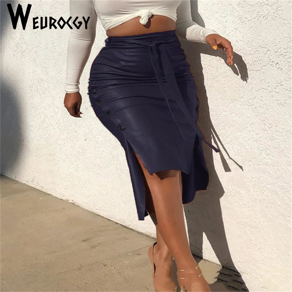 Fashion Women Solid Color High Waist PU Leather Midi Skirt Lace up Side Button Slim Skinny Pencil for Ladies Streetwear 231005