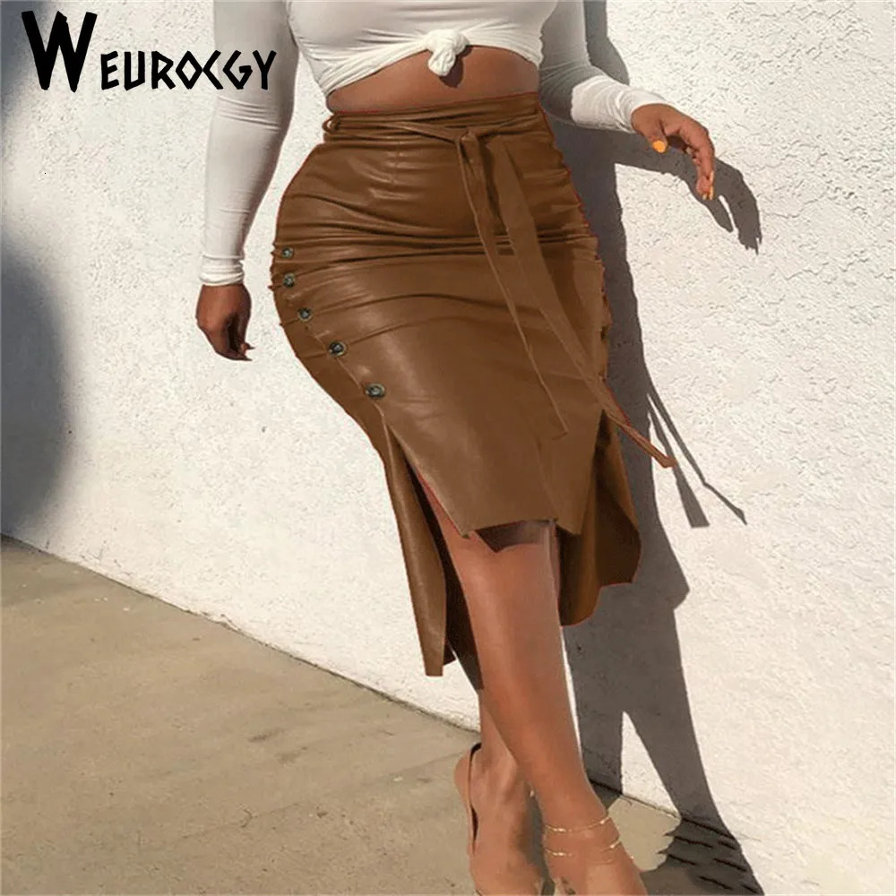 Fashion Women Solid Color High Waist PU Leather Midi Skirt Lace up Side Button Slim Skinny Pencil for Ladies Streetwear 231005