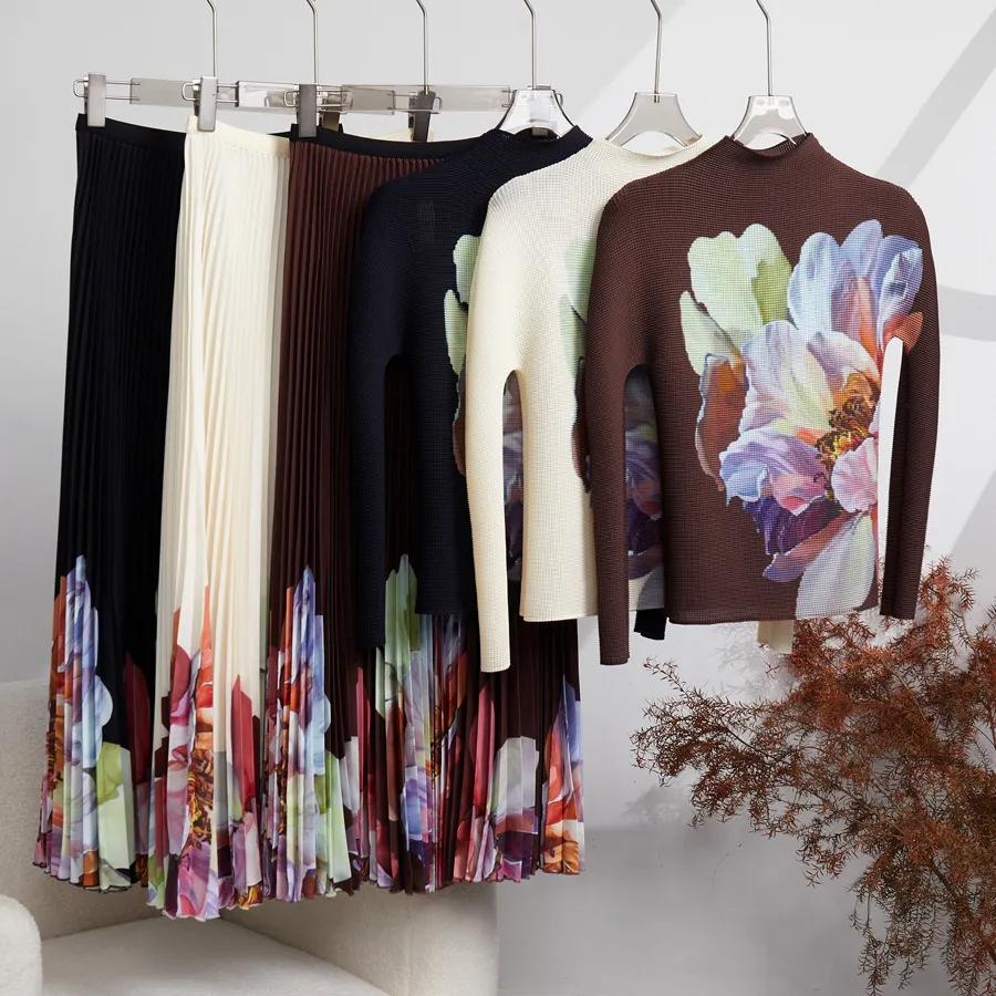 Two Piece Pleated 2 Pieces Fashion Printing Slim Fit Long Sleeve Tops High Elastic Waist A-E Midi Dress Autumn 2025