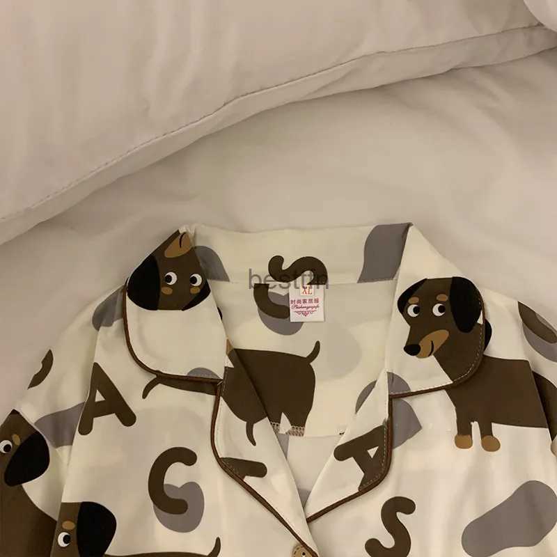 Women's Sleep Lounge Spring Summer 2024 Cute Women's Pajamas Set Dachshund Print Cotton Two Pieces Short Sleeve Tops Full Length Pants Sleep