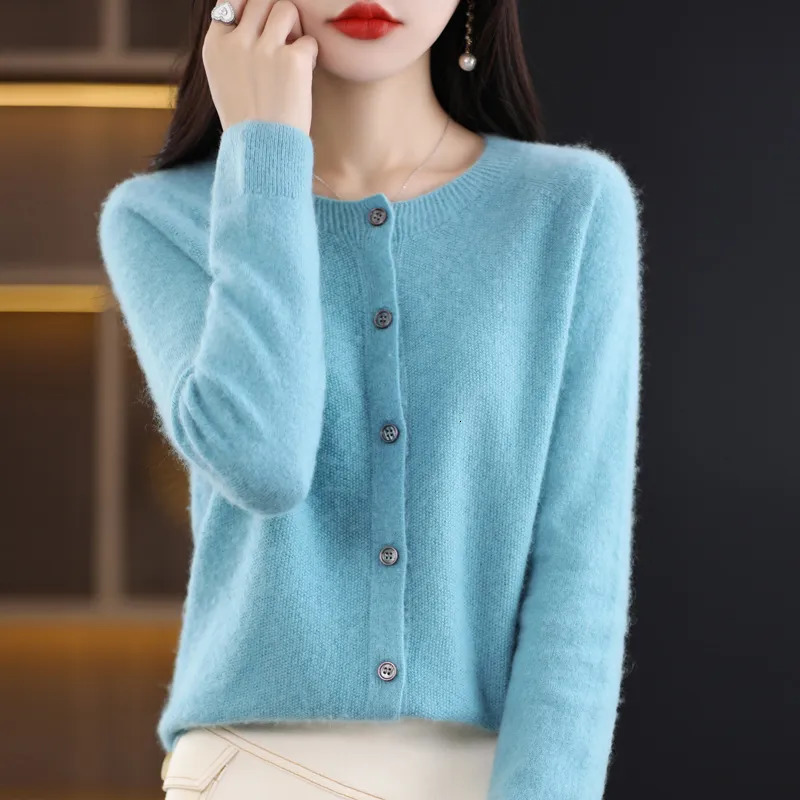 Womens Knits Tees 100% wool knit cardigan jacket womens Gui Huazhen round neck top 231005