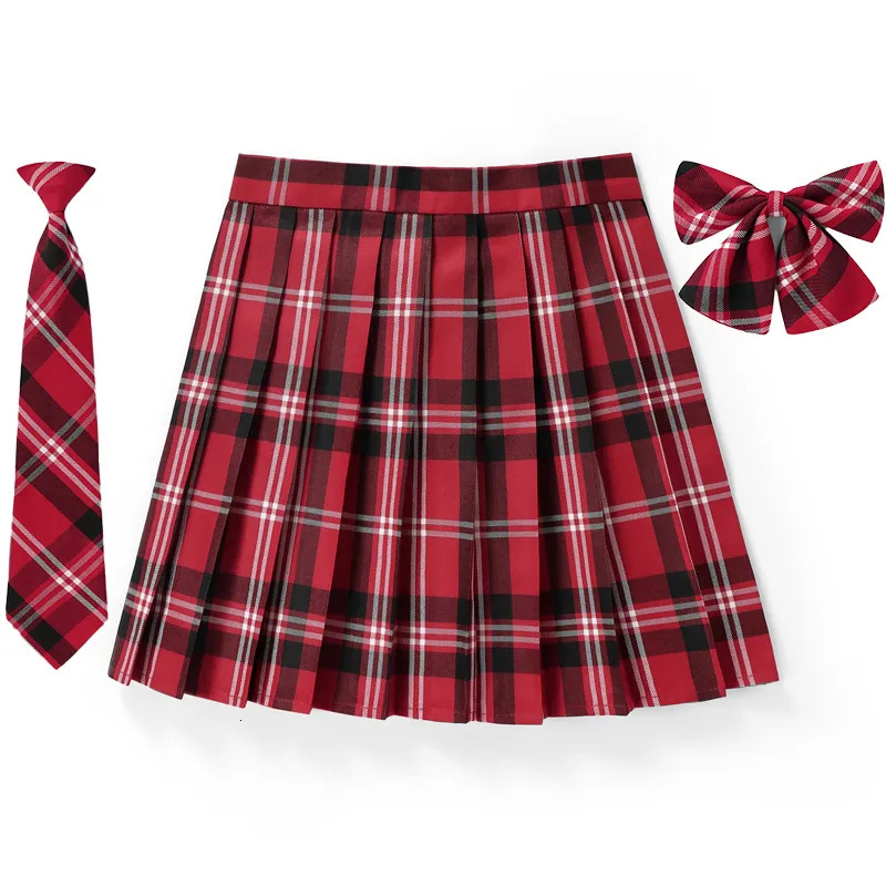 Women Plaid Pleat Skirt With Necktie Bowtie XS 5XL Harajuku Preppy Mini Japanese School Uniforms Girls Summer Jupe Kawaii 231005