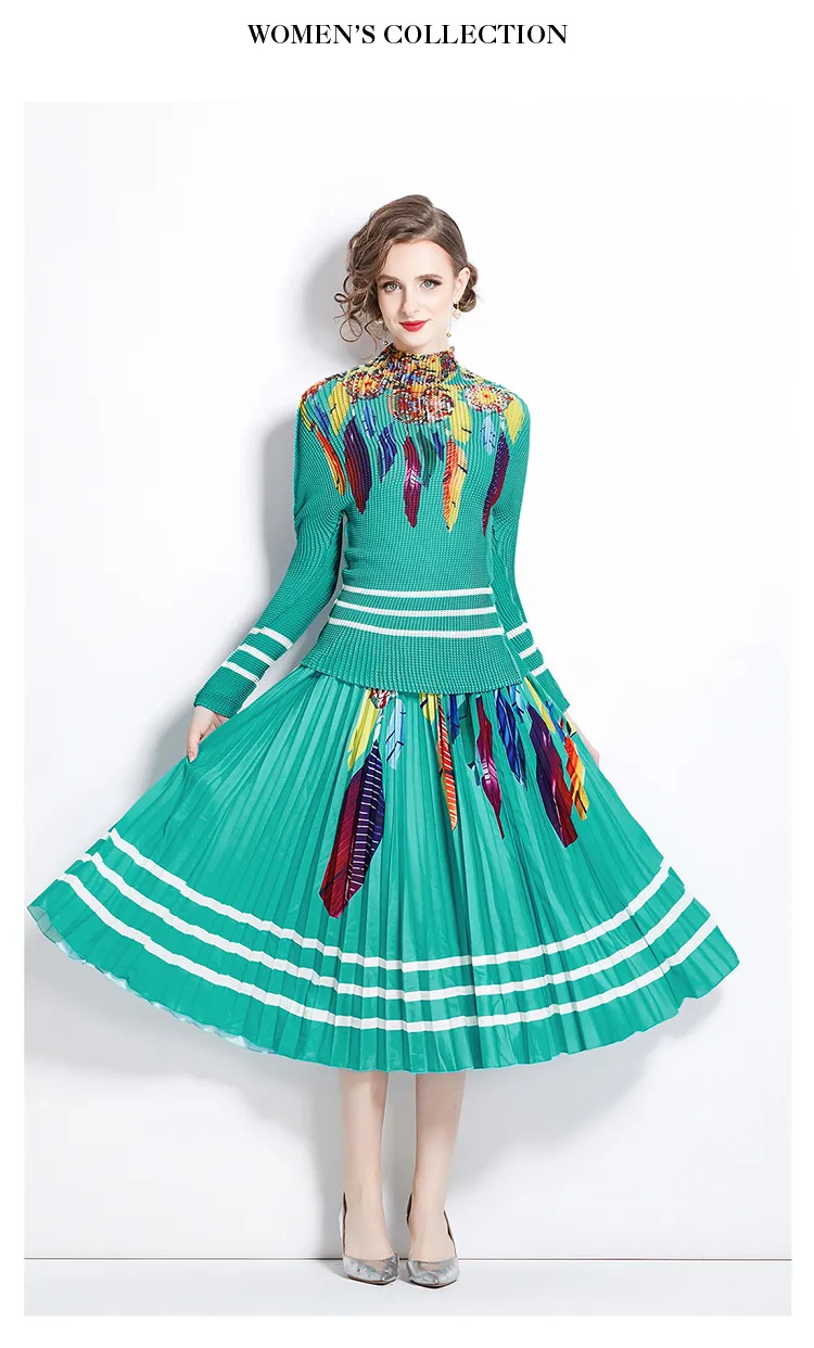 Two Piece Dress Pleated Floral Printed Office Lady Two Piece Set Women Turtleneck T-Shirt High Waist Skirt Suit Runway Autumn Outfits 2024